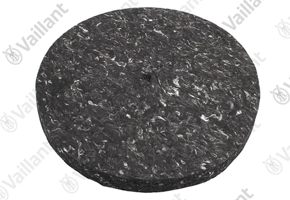 Schwarze, runde Isoliermatte von Vaillant, sorgt für Dämmung. Sie hat eine strukturierte Oberfläche und eine zentrale Bohrung.